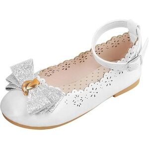 Kids White Bow Ankle Strap Ballet Flats Sparkly Shoes Dress Shoes Toddler Girl